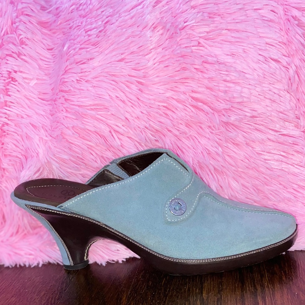 COLE HAAN BLUE SUEDE AND BROWN LEATHER CLOGS!